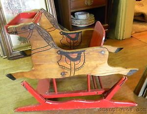 Antique Folk Art Child's Rocking Horse Hand Painted Solid Oak Feeding Chair
