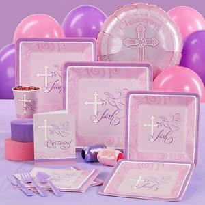 Faithful Dove Baby Girl Pink Christening Party Pack for 8 Party Supplies Set