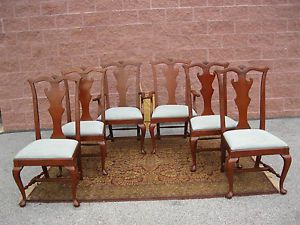 Fine Set of 6 Solid Cherry Chippendale Style Dining Chairs Upholstered Seats