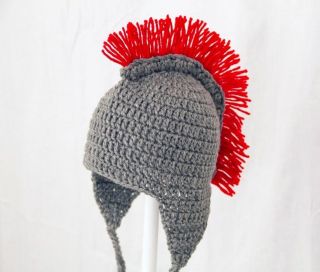 Spartan Mohawk Earflap Hat Gray Red Knit Crochet Helmet Laplander Baby Adult