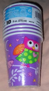 10 Owl Paper Cups Birthday Party Purple Pink Blue Yellow Green Orange Supplies