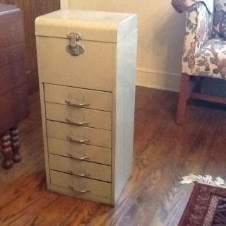 Vintage Tan Industrial Metal 6 Drawer File Box Art Deco Storage Cabinet Good