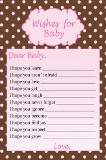 30 Wishes for Baby Card Pink Brown Polka Dot Baby Shower Game Activity Girl
