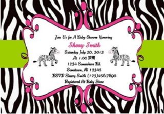 Safari Zebra Pink Green Baby Shower Invitation Personalized Digital Printed