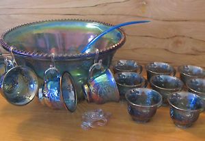 Vinatge Indiana Blue Carnival Glass Punch Bowl Set w Cups Party Supplies
