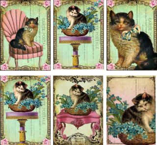 Vintage Inspired Cat Small Note Card Tags ATC Altered Art Set of 5