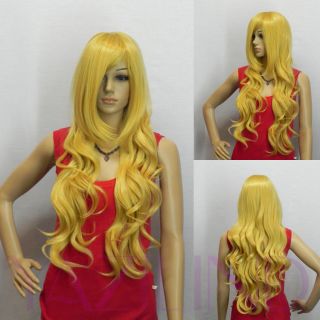 New Ladies Yellow Curly Wavy Women Long Party Cosplay Wig Synthetic Hair Wig