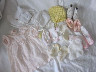 Vintage Baby Clothes Knit Dress Bonnets Booties Bibs