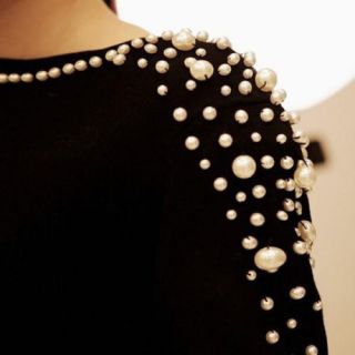 2013 Lady Luxury Pearls Beaded Sexy Deep V Backless Long Sleeve Short Mini Dress