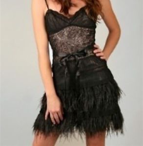 BCBG MAXAZRIA Black Lace Ostrich Feathers Dress Size 4