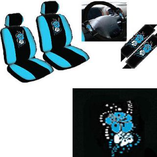 9pc Blue Hawaiian Floral Flower Front Bucket Car Seat Covers Steering Wheel Belt