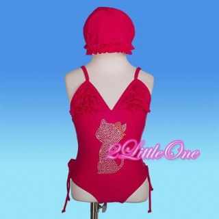 One Piece Girl Cat Swimsuit Swimwear Swimming Bath Suit Hat Size 2 3T 036