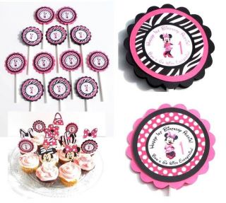 Minnie Mouse Hot Pink Zebra 12 Cupcake Toppers Personalized with Name Age