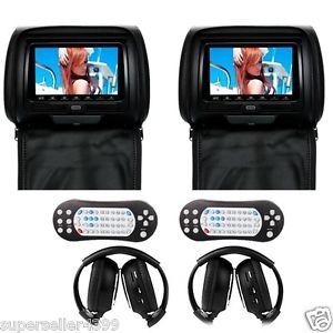 7” Black Car Headrest Monitors w DVD USB SD Player Game IR Headphones Zipper