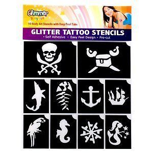Glimmer Shimmer Body Art Glitter Tattoo Tattoos 10 Stencils Pirate Mermaid Sea