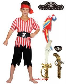 Boys Kids Childs Pirate Fancy Dress Costume Hat Sword Gun Eye Patch Parrot