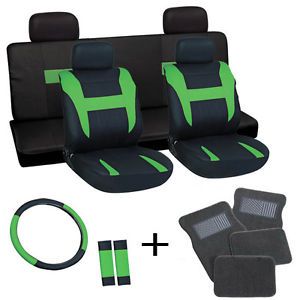 17pc Set Green Black Seat Cover Steering Wheel Belt Pad Head Gray Floor Mats