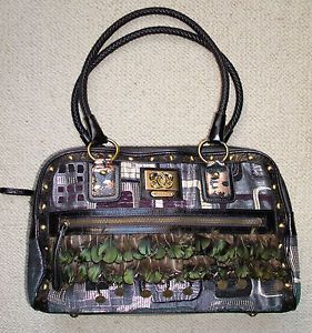 Sharif Handbag Tapestry Feathers Coins Black Leather Compartment Satchel
