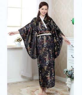 Black Red Blue Chinese Silk Women's Kimono Robe with OBI