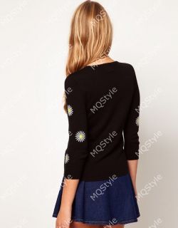 Womens Girls Fashion Crewneck Daisy Black Slim Knit Long Sleeve Sweaters B2886