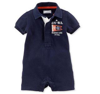 Ralph Lauren Baby Boy Designer Clothes Romper Navy Blue 3 6 9 Months