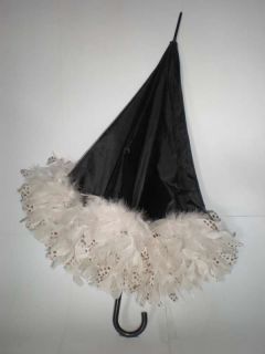 36" Black Parasol w White Feathers Fancy Costume Accessory Bridal