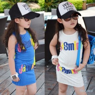 New Kids Baby Girls Words Pattern Tank Tops Dress 2 Pcs Set Costume Clothes 2 7Y