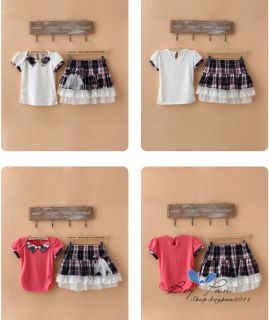 New Cute Girls Clothing Short Sleeved Tops and Plaid Skirt Outfits Sets Sz4 8Y
