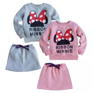 Minnie Mouse 2pcs Girls Kids Outfit Bowknot Warm Top Sweatshirt Skirt Dress 2T 6