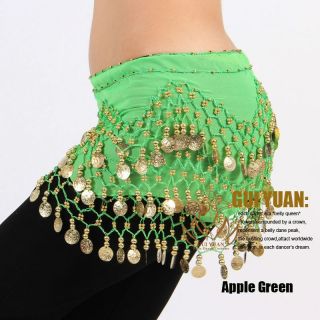 Belly Dance Costume Hip Scarf Wrap Belt Skirt with 158GOLD Coins Apple Green