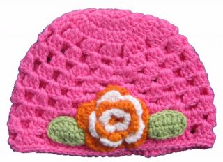 1pc Cool Crochet Beanie Hat w Ear Flap Flower Forkids Child Red Brown Pink Blue