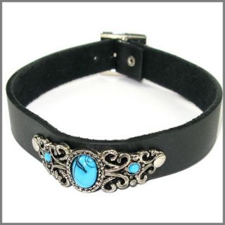 N65 Blue Plastic Stone Lady Women Gothic Black Leather Collar Choker Necklace