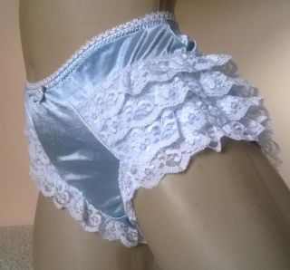 Sissy French Maid Lolita Baby Blue Nylon Satin Ruffle Lace Frilly Knickers M
