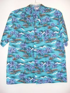 Evergreen Island Teal Blue Palm Tree Clouds Hawaiian Tropical Shirt Sz XL