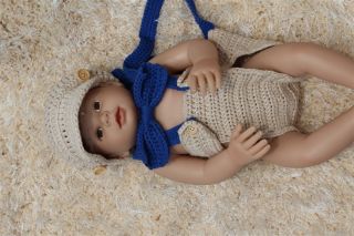 Cute Beige Dark Blue Newborn Baby Knit Newsboy Cap Hat Nappy Bow Tie Photo Prop