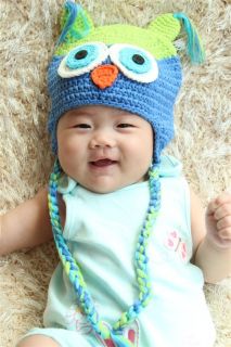Cute Handmade Cotton Baby Girl Owl Hat Beanie New Green Blue Newborn Photo Prop