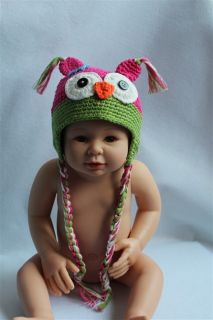 Cute Handmade Knit Crochet Hot Pink Green Owl Baby Hats Boots Newborn Photo Prop