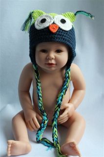 Handmade Cotton Baby Green Blue Boy Owls Knit Hat Photograph Newborn to 3 Year