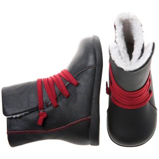 Boys Kids Toddler Infants Childrens Real Leather Boots Black with Red Laces