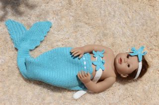 Cute Handmade Crochet Knit Mermaid Tail Headband Newborn Baby Photo Prop Blue