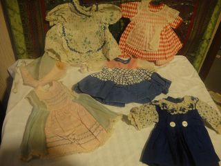 5 Antique Vintage Lot Old Baby Doll Dresses Clothes Organdy Bonnet Hat 6 8" Long