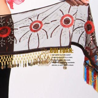Belly Dance Costume Hip Scarf Wrap Skirt Belt Gold Coins Coffee Red
