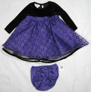 Baby Girls Purple Dress Black Trim Velvet Bodice Size 12 24 Months Bonnie Baby