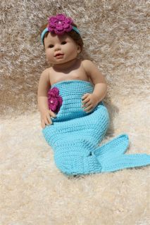 Handmade Crochet Knit Mermaid Tail Headband Newborn Baby Photo Prop Sky Blue