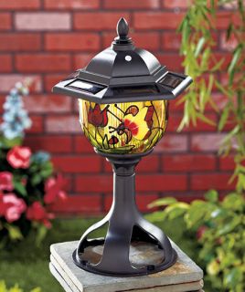 Butterfly Tiffany Style Solar LED Lantern Lamp Post Light Outdoor Garden Yard