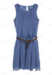 Princess Kate Elegant Pleated with Belt Blue Dress Size XS s M L D08