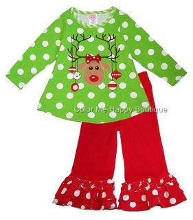New Girls Boutique Peaches N Cream 3T Lime Red Reindeer Christmas Dress Outfit