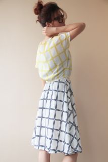 New Women Fashion Crewneck Short Sleeve Grid Splice Chiffon Mini Dress B2166