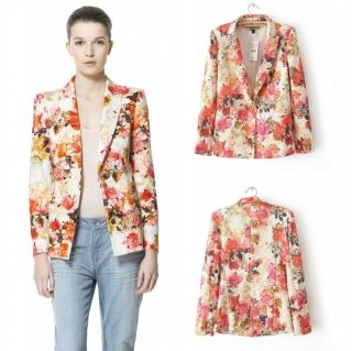 New Womens European Fashion Red Hot Flower Print Lapel Blazer Coat Jacket B2169