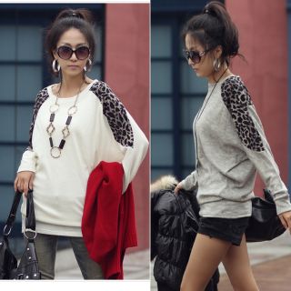 Korean Women Fashion Leopard Batwing Long Sleeve Crewneck T Shirts Tops Blouses